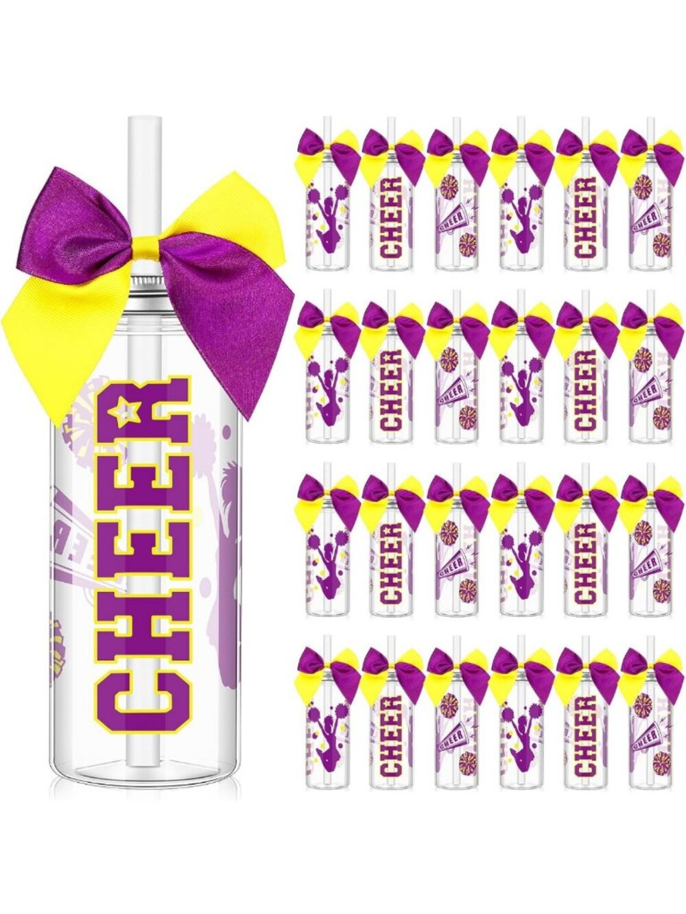 24 Pcs Cheerleader Gift Set - Purple & Yellow Bow Cups, 14oz Cheer Team Party